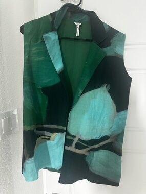 Sleeveless Abstract Floral Linen Vest - Green & Teal